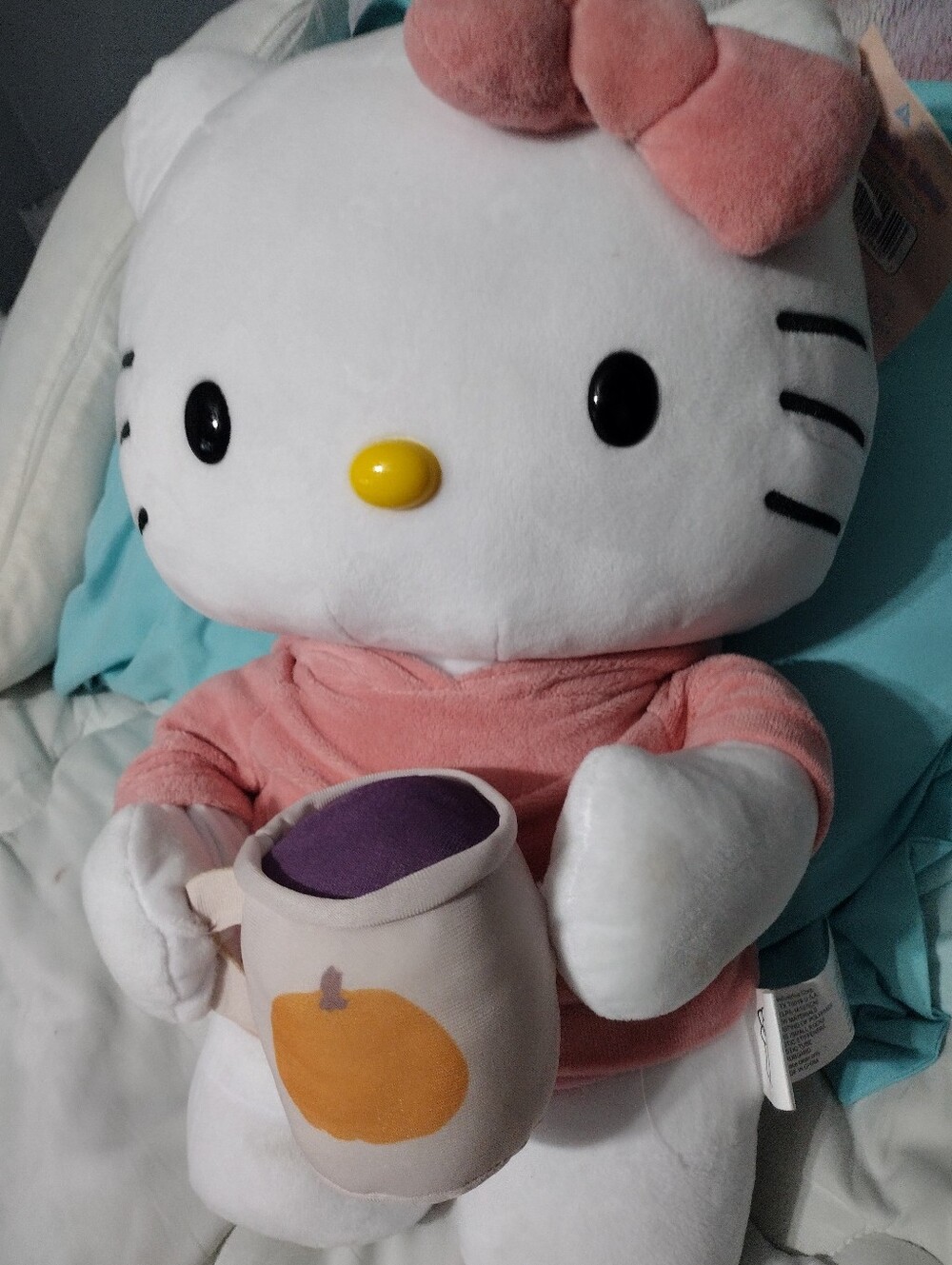 Hello Kitty Plush in White and Pink w/Decorative Mug Fall Greeter New Aprox 18"T